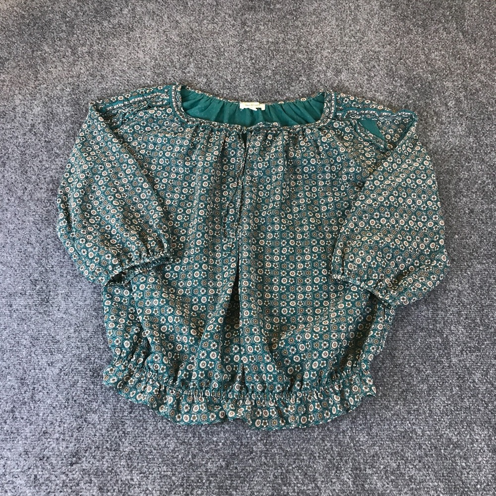 Max Studio Blouse Womens M Green Floral Good Elastic Hem Tie Neck 3/4 Sleeve